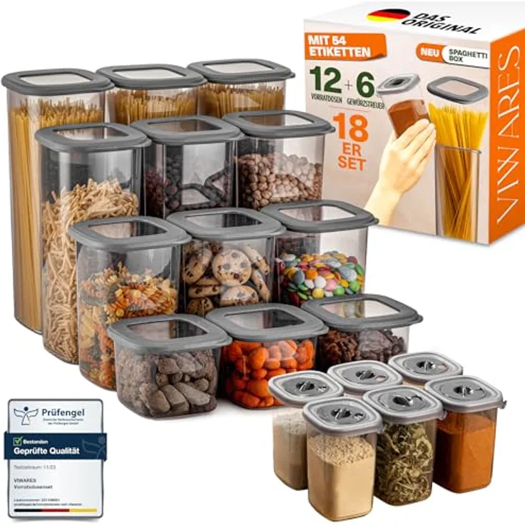 VIWARES Vorratsdosen Set 18-teilig, inkl. 2,0L Spaghetti Box & 6 Gewürzdosen mit Dosierdeckel, luftdicht, BPA-frei, stapelbar, 52 Etiketten