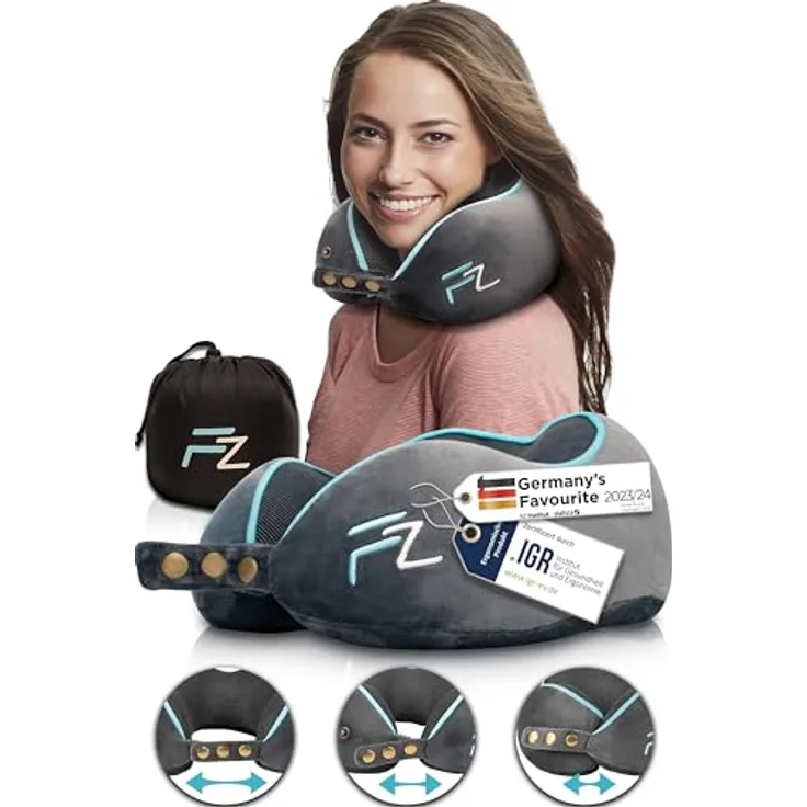 FLOWZOOM Comfy Nackenkissen Flugzeug - Nackenhörnchen Erwachsene - Nackenkissen Auto - Reisekissen Memory Foam - waschbar mit schmalem Rückenteil (samtweich & atmungsaktiv) - einstellbar, grau