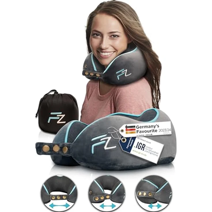 FLOWZOOM Comfy Nackenkissen Flugzeug - Nackenhörnchen Erwachsene - Nackenkissen Auto - Reisekissen Memory Foam - waschbar mit schmalem Rückenteil (samtweich & atmungsaktiv) - einstellbar, grau – Bild 1