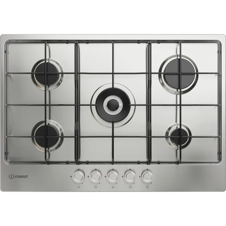 Indesit THP 752 W/IX/I 1, Edelstahl Gaskochfeld mit 5 Kochzonen und integrierter Steuerung, 75 cm