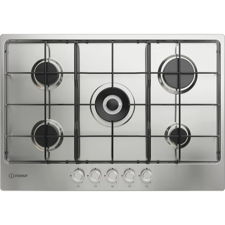 Indesit THP 752 W/IX/I 1, Edelstahl Gaskochfeld mit 5 Kochzonen und integrierter Steuerung, 75 cm