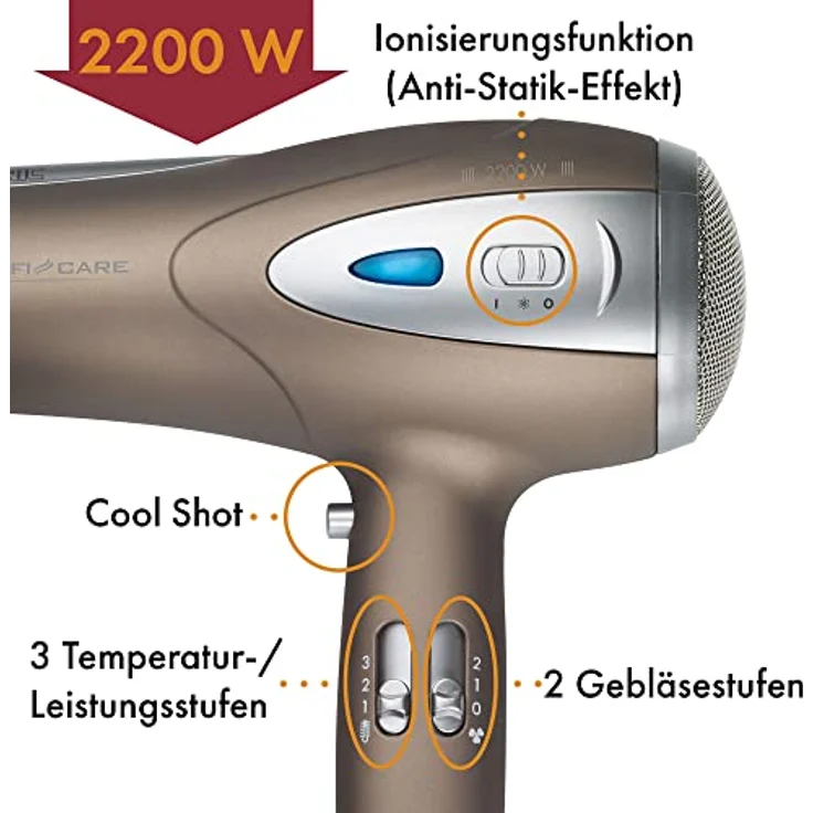 ProfiCare® Haartrockner mit Ionisierungsfunktion 2200W | extra leichter Reiseföhn 3 Leistungsstufen und 2 Gebläsestufen | Haarföhn inkl. Cool-Shot | Föhn mit Diffusor & Formdüse | PC HTD 3113 braun – Bild 3