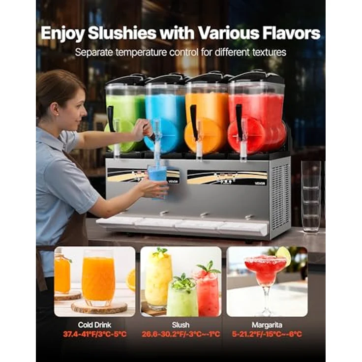 VEVOR Slush Maschine 4 x 12 L, Eismaschine mit 1650 W, Edelstahlgehäuse, Selbstreinigungsfunktion, geeignet für Frozen Margaritas, Frappés und Milchshakes – Bild 3