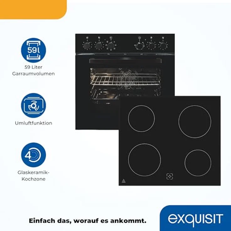 Exquisit Herd-Set EHE256-U-020-Set schwarz, 60 cm mit 59,0 l Garraum, A Energieeffizienz und Glaskeramik Kochfeld – Bild 3