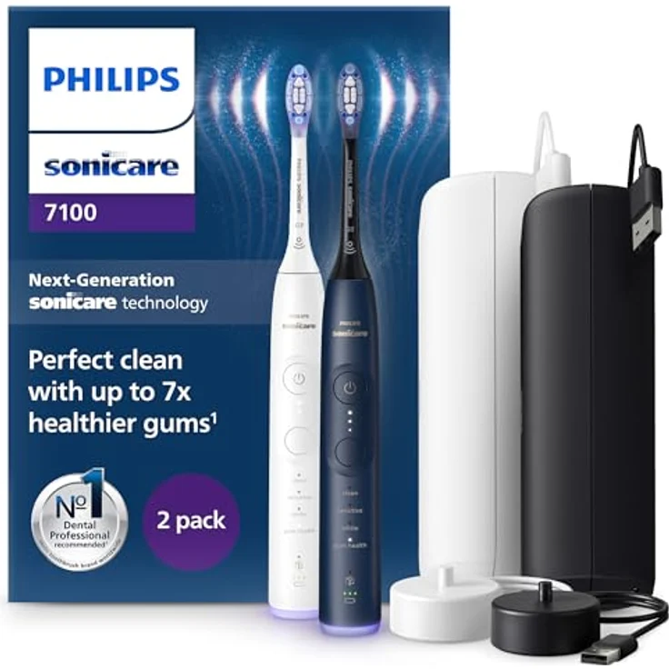Philips Sonicare 7100 elektrische Zahnbürste, Schallzahnbürste mit App, 4 Putzmodi und 3 Intensitätsstufen, Andruckkontrolle, EasyStart, SmarTimer, Weiß und Marineblau, Zweierpack – Bild 1