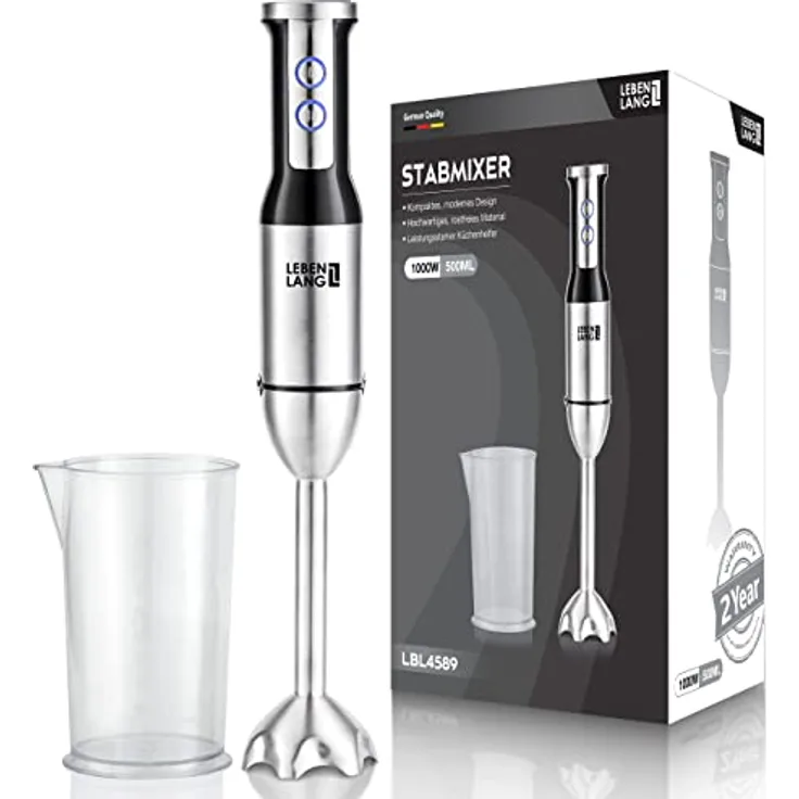 LEBENLANG 1000W Stabmixer Edelstahl - Mit Spritzschutz und 8 Stufen plus Turbo | Hochwertiger Pürierstab Edelstahl und Mixstab | Küche Zauberstab | Hand blender Rührstab Stick - Mixer 1000 watt