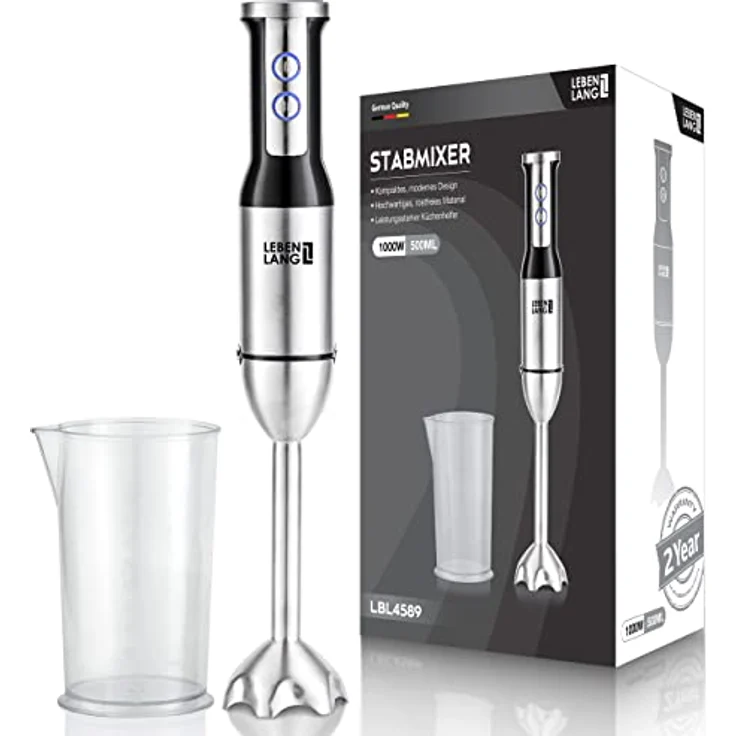 LEBENLANG 1000W Stabmixer Edelstahl - Mit Spritzschutz und 8 Stufen plus Turbo | Hochwertiger Pürierstab Edelstahl und Mixstab | Küche Zauberstab | Hand blender Rührstab Stick - Mixer 1000 watt – Bild 1