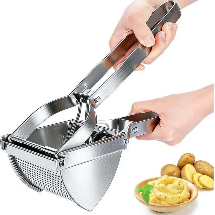 AKKEE Kartoffelpresse Edelstahl, abnehmbare Kartoffelpresse mit komfortablem 30 cm Griff für Kartoffel-, Obst- und Gemüsebrei, silber