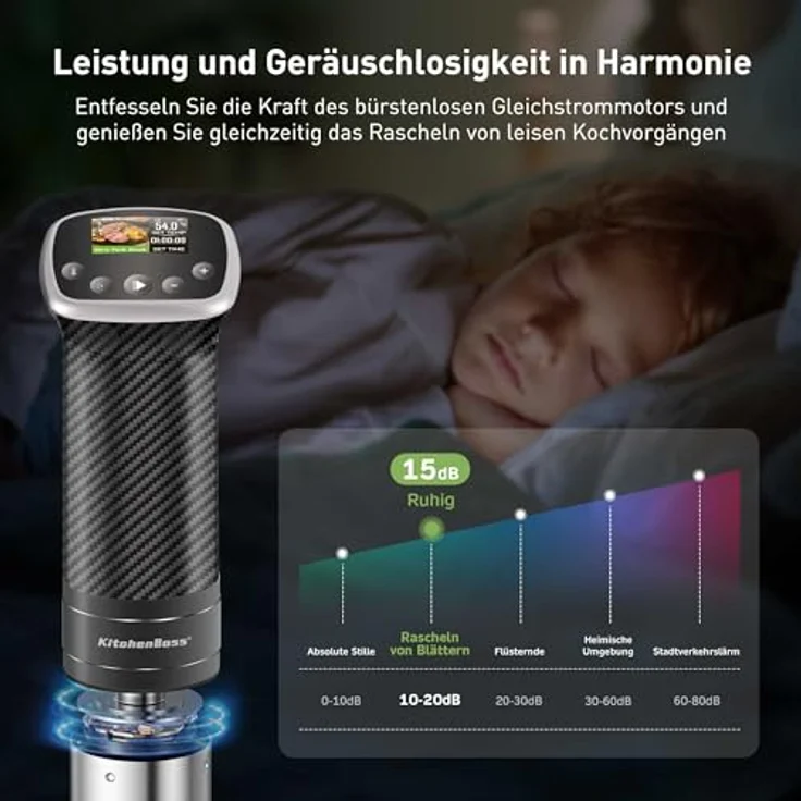 KitchenBoss Sous Vide Stick Garer, WiFi Präzisionskocher mit App-Steuerung, 1100W, IPX7 wasserdicht, TFT Touch Display, ultraleise Tauchzirkulation 40℃-90℃ – Bild 5