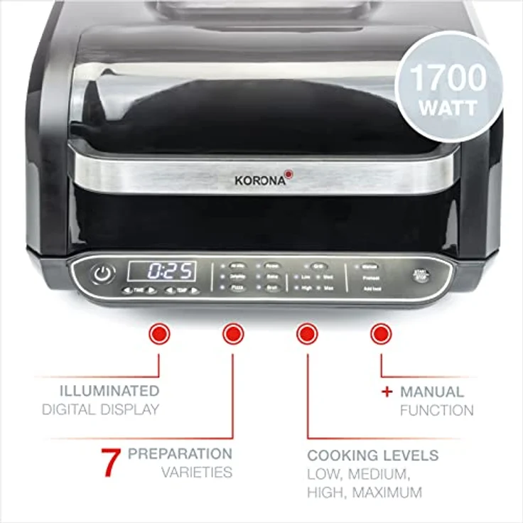 Korona 46160 8in1-Multifunktionsgrill| | Heißluftfritteuse, Backofen, Pizzaofen, Dörrautomat, Bratfunktion, Grill, BBQ | Vier Garstufen | Inkl. Grillrost, Garkorb und Kochtopf | Leicht zu reinigen – Bild 4