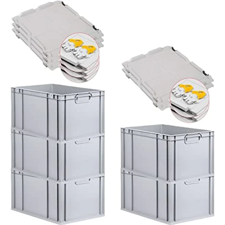 PROREGAL Eurobox NextGen Grip SuperSparSet, 5x 65 L Transportbox mit Scharnierdeckel und gelben Schiebeschnappverschlüssen, grau, HxBxT 32x40x60cm, lebensmittelecht, robust und stapelbar – Bild 1