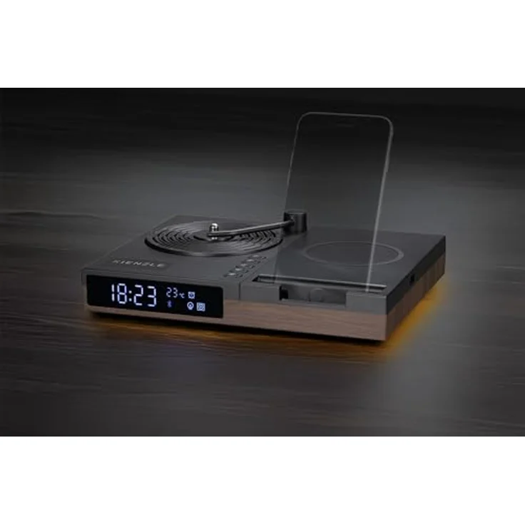 Kienzle Retro Plattenspieler Wecker mit Bluetooth Lautsprecher, kabelloser Ladestation, Temperaturanzeige, 2 Weckzeiten und Ambiente Licht – Bild 2