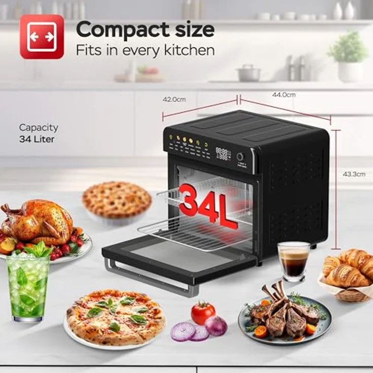 TurboTronic Multi-Smart-Ofen 19in1, Heißluftofen & Heißluftfritteuse mit 2100W, 34L Kapazität, Dörrfunktion, 40-230°C, schwarz – Bild 2
