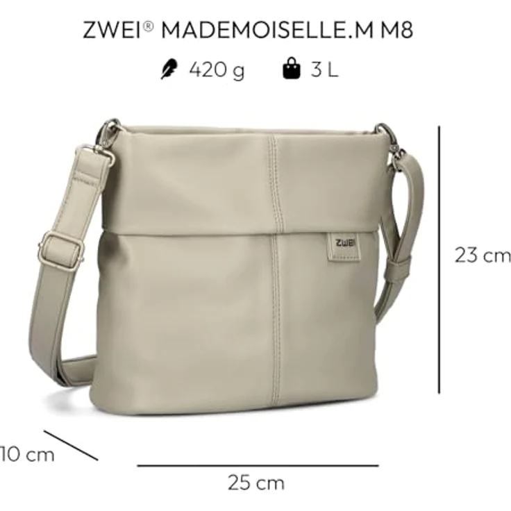 Zwei Mademoiselle M8, Beuteltasche aus pflegeleichtem Kunstleder mit verstellbarem Schultergurt, grau – Bild 2