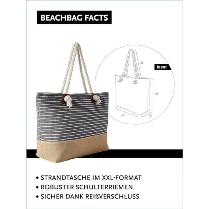 DonDon XXL Strandtasche mit Reißverschluss, praktische Shopper Tasche Damen, gestreift schwarz, multifunktionale Badetasche für Strand und Alltag – Bild 2