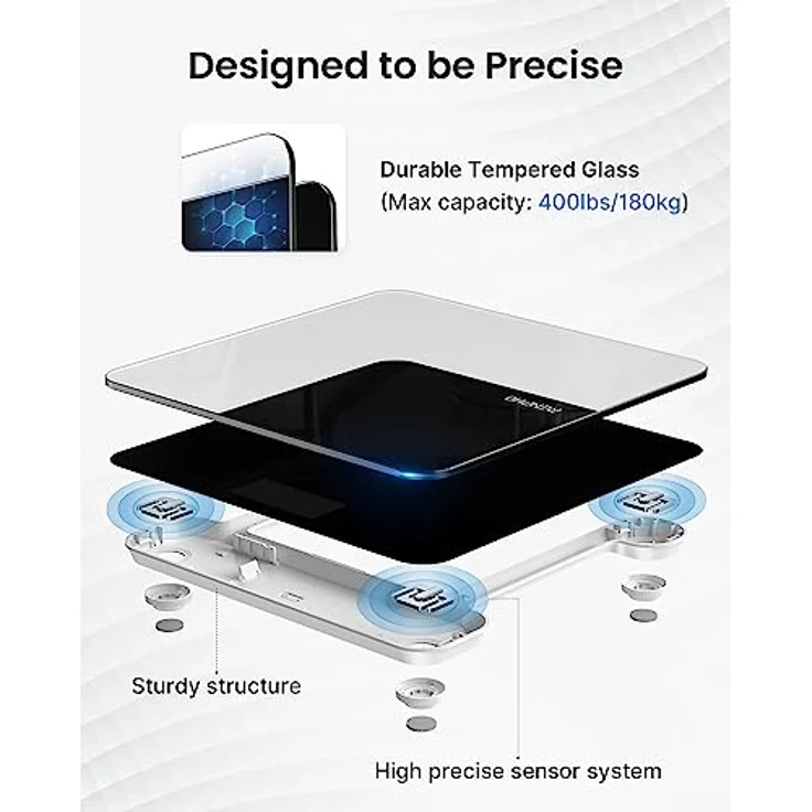 RENPHO Personenwaage, Körperwaage mit Hochpräzisions-Sensoren, Personen Digitalwaage mit Step-On-Technik, Gewichtswaage aus Sicherheitsglas, Schwarz – Bild 2