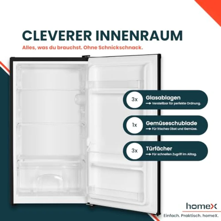 homeX CS0881-B Kühlschrank ohne Gefrierfach, 90L Nutzinhalt, freistehend, kompakt, schwarz – Bild 4