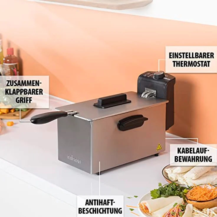 Tristar FR-6946 Fritteuse, 2000 Watt, 3 L Öl-Fassungsvermögen, LED-Display, Edelstahl, Grau – Bild 6