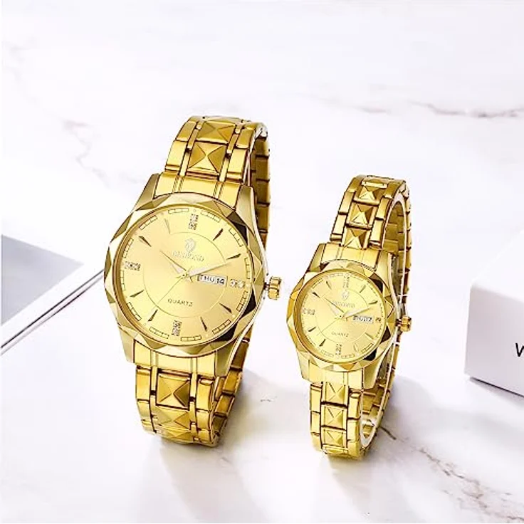 JewelryWe Paar Uhren Edelstahl, 2er Set Gold Analog Quarz Armbanduhr mit leuchtenden Zeigern, Datum/Wochenanzeige, 30m wasserdicht, für Herren und Damen – Bild 5
