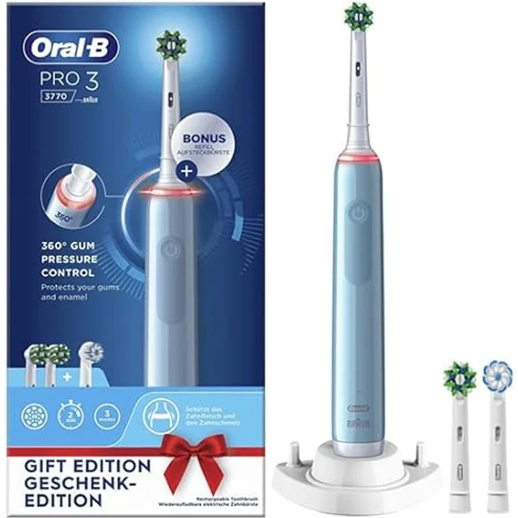 Braun Oral-B Pro 3 3770 - Elektrische Zahnbürste in Blau, batteriebetrieben, weiche Borsten – Bild 1