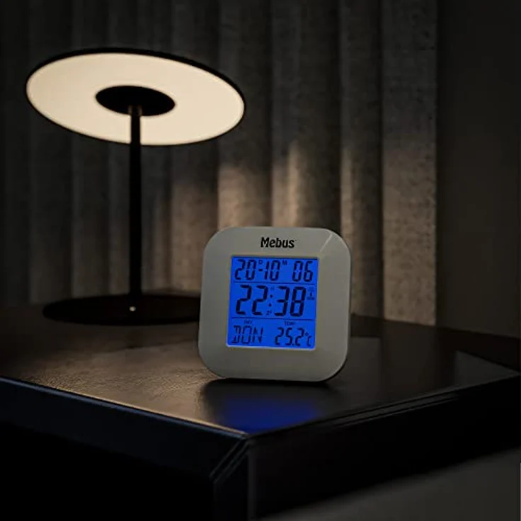 Mebus digitaler Funk-Wecker mit Thermometer, Datumsanzeige und Beleuchtung, Snooze-Funtion, Kunststoff, Weiß, 8 x 8,5 x 1,8 cm – Bild 5