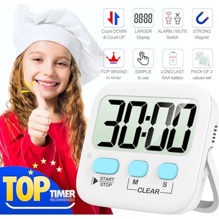 Küchen-Timer, 2 Stück, digitale Küchen-Timer [2020er-Version], magnetischer Countdown-Timer mit lautem Alarm, große Ziffern, Ständer für Kochen, Klassenzimmer, Badezimmer, Lehrer, Kinder, AAA-Batterie enthalten – Bild 2