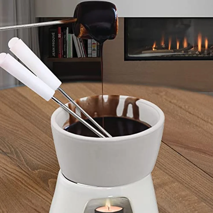 Cepewa 1 x Keramik Schokofondue Set Fondue-Set Schokolandenfondue weiß inkl. 2 Edelstahlgabeln (1 x Schokofondue-Set) - Preisvergleich – Bild 3