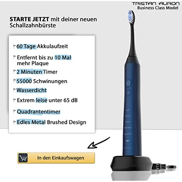 Tristan Auron Business Class Doppelpack Schallzahnbürste - 55000 Vibrationen - 60 Tage Akku, Elektrische Zahnbürste - 5 Putzmodi - 4 Aufsätze (Business Edition pink/blau) – Bild 2