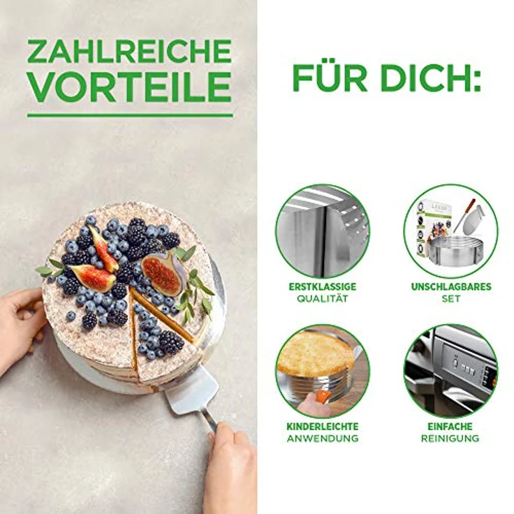 LAVUR Tortenring-Set, Backform im 3er Set mit verstellbarem Tortenring (23-30cm), Konditormesser und Tortenretter, spülmaschinenfest, für 8 gleichmäßige Böden – Bild 2