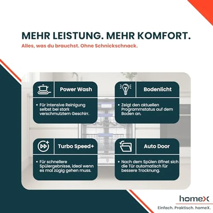 homeX DWFI601442A Geschirrspüler 60 cm, vollintegrierbar, 14 Maßgedecke, 8 Programme, leise mit 42 dB, Energieeffizienzklasse A – Bild 9