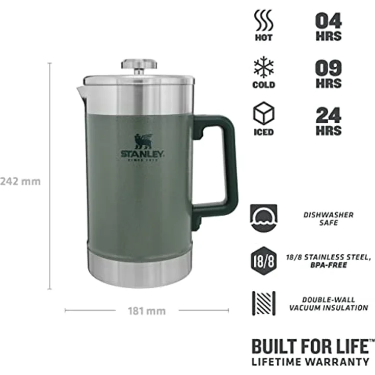 Stanley Classic Stay Hot French Press Kaffeepresse aus Edelstahl in der Farbe Hammertone Green 1,4l, Maße: 18,1cm x 12,4cm x 24,2cm, 675500 – Bild 3