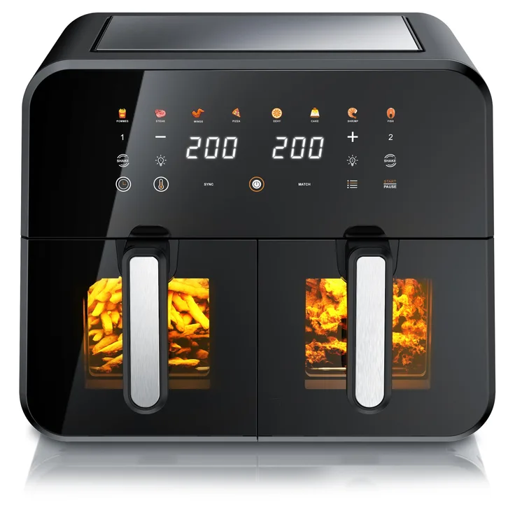Arendo Heißluftfritteuse Doppelkammer XXL, 11L Airfryer mit 2 Kammern, 2600 W, digitales Touchfeld, fettarm frittieren, Umluft Backofen, 80-200°C