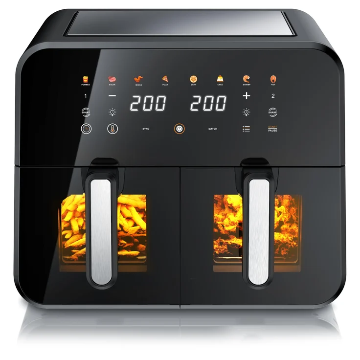 Arendo Heißluftfritteuse Doppelkammer XXL, 11L Airfryer mit 2 Kammern, 2600 W, digitales Touchfeld, fettarm frittieren, Umluft Backofen, 80-200°C