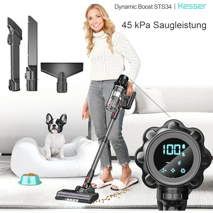 KESSER® Akku Staubsauger STS34, kabellos mit 70 Min. Laufzeit, HEPA-Filter, LED-Display, Anti-Tangle-Bodenbürste für Hartböden und Teppiche – Bild 2
