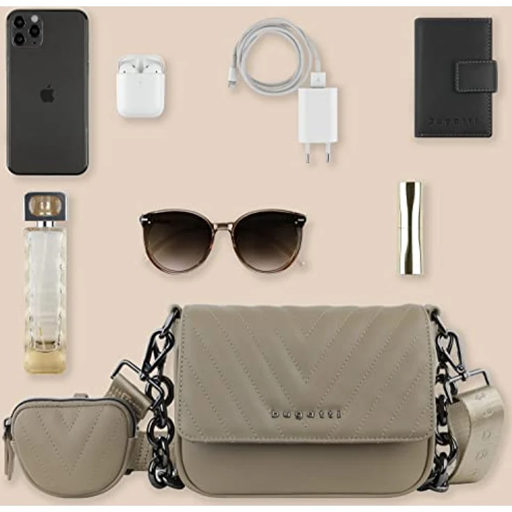 Bugatti Sira Crossover Bag, stylishe Umhängetasche aus Kunstleder mit trendiger Steppung, nude, 20 x 6 x 15 cm – Bild 5