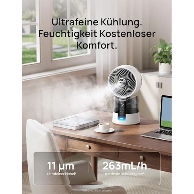 DREO TurboCool Nebelventilator 516S, Tischventilator mit 150° + 30° Oszillation, 7.9 m/s Leistung, 20 dB leise, App- & Fernbedienung, RGB, Weiß – Bild 2