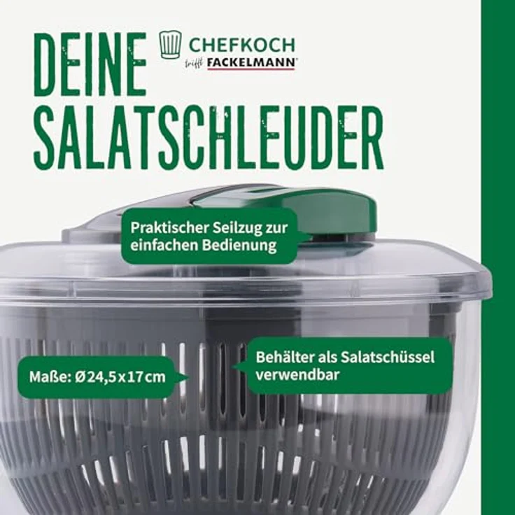 FACKELMANN Chefkoch Salatschleuder mit Seilzug und Stopp-Taste, Salat Spinner zum Waschen & Trocknen, inkl. herausnehmbarem Sieb, 24,5 cm, Kunststoff – Bild 2