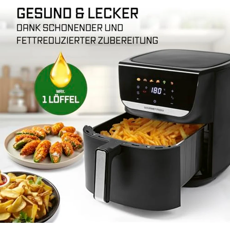 GOURMETmaxx Heißluftfritteuse AirGenius, 7,5 l - Mattschwarz, farbiges LED-Touchdisplay, 7 Programme, 1700 Watt, 360° Heißluftzirkulation – Bild 9