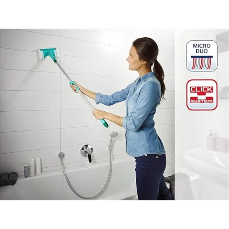 Leifheit Badwischer Bath Cleaner Telescope 110 cm mit 360°-Drehgelenk, Fliesenwischer ideal für Armaturen, von 65 bis 110 cm ausziehbarer Fliesenreiniger, mit Mikrofaser Bezug und Click-System – Bild 2