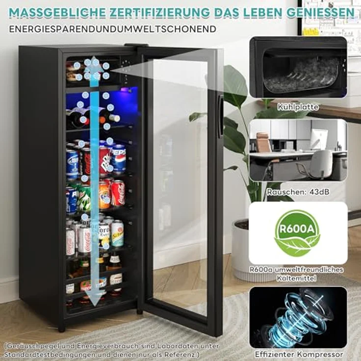 Merax Kühlschrank 128L, Freistehend Getränkekühler mit 120L-Kühlschrank + 8L-Gefrierschrank, schwarz, superleise mit LED-Innenbeleuchtung und verstellbaren Einlegeböden – Bild 3