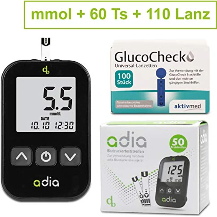 adia Vorteilspack Blutzuckermessgerät-Set (mmol/L) + 60 Blutzuckerteststreifen + 110 Lanzetten zur Kontrolle des Blutzuckers – Bild 2