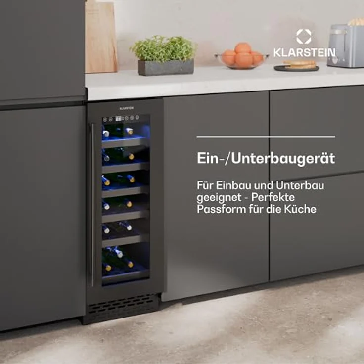 Klarstein Vinovilla 18 Uno Weinkühlschrank Einbau, 18 Flaschen, 1 Zone, 5-18 °C, LED-Touch, leise 38 dB, mattschwarz, beleuchtet – Bild 3