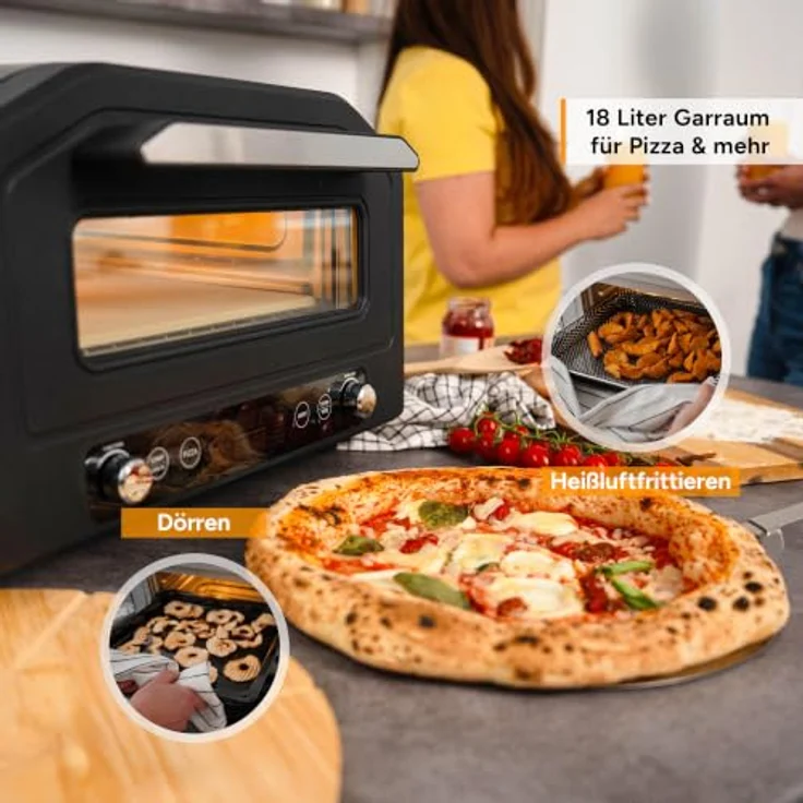 TZS First Austria Pizzaofen 18L, 400°C, 6 Programme, 8 Funktionen, 1700 W, Schwarz, inkl. Pizzastein, Pizzaschieber und Frittierkorb – Bild 7