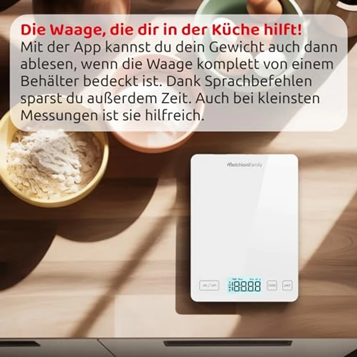 Melchioni Family | Smart Küchenwaage mit App, ultradünn aus gehärtetem Glas, kabellose Lebensmittelwaage, bis zu 5 kg, Weiß – Bild 5