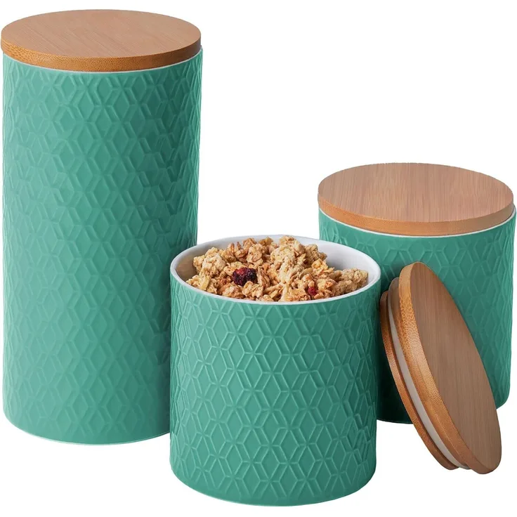 Niboline Keramikdose mit Deckel Luftdicht - 3er Vorratsdosen Set aus Holzdeckel für Müsli Mehl Kaffee & Zucker Aufbewahrung - Spülmaschinenfest (Türkis)