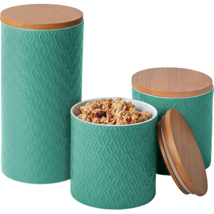 Niboline Keramikdose mit Deckel Luftdicht - 3er Vorratsdosen Set aus Holzdeckel für Müsli Mehl Kaffee & Zucker Aufbewahrung - Spülmaschinenfest (Türkis) – Bild 1