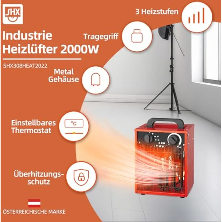 SHX Industrie-Heizlüfter 2000W SHX308HEAT2022 – 2000 Watt, rostfreies Stahl-Heizelement, 3 Betriebsmodi, spritzwassergeschützt, einstellbares Thermostat, Überhitzungsschutz, Tragegriff, rot/schwarz – Bild 2