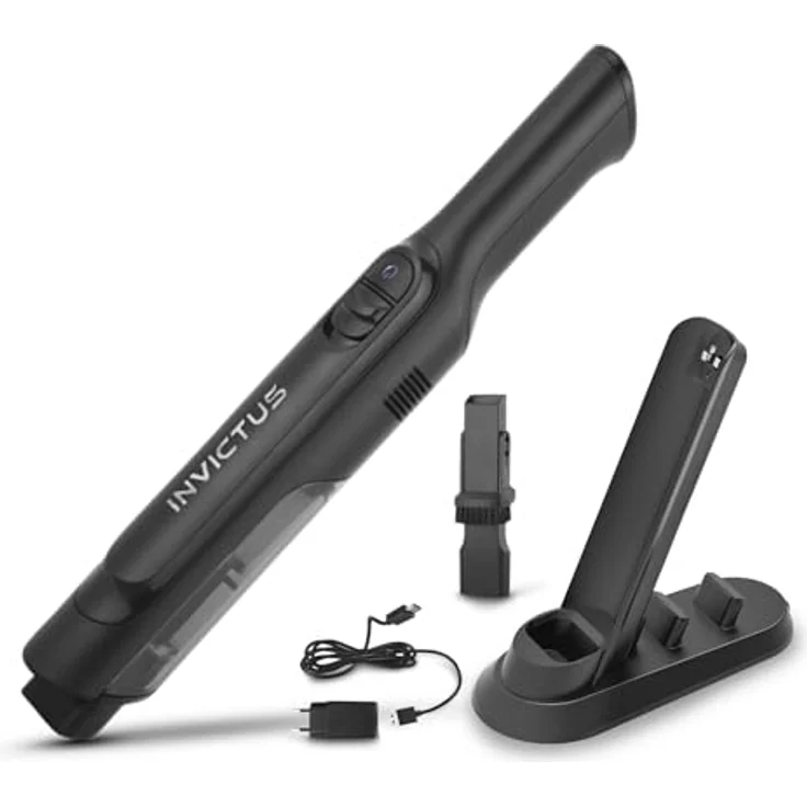 Genius Invictus ONE Primus Akku-Haundstaubsauger 8 TLG., Kleiner Akkusauger Autostaubsauger kabellos beutellos leicht, HEPA Filter, 2 in 1 Fugendüse Textilbürste, Hand Vacuum Cleaner Auto Küche – Bild 1