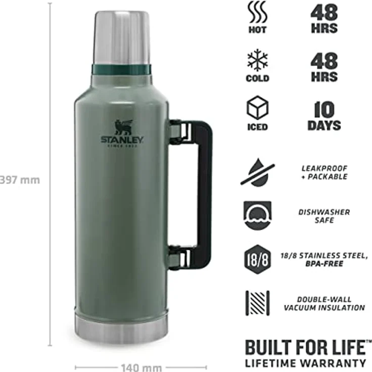 Stanley Classic Legendary Thermosflasche 2.3L Hammertone Green - Edelstahl Thermoskanne - BPA-frei - Thermos Hält 48 Stunden Heiß - Deckel Fungiert Auch als Trinkbecher - Spülmaschinenfest – Bild 3