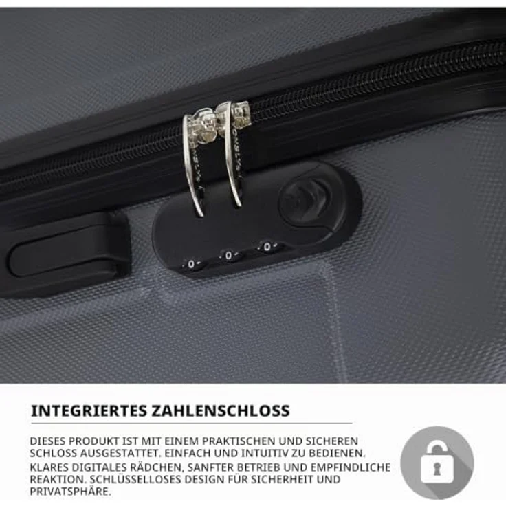 YONSLY Trolley Koffer M, Hartschalenreisekoffer mit 4 x 360° Rollen, Zahlenschloss und weichem Gummigriff, Grau – Bild 3
